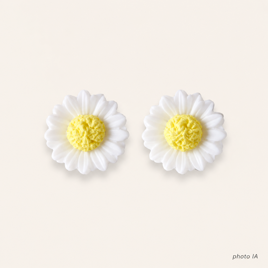 Boucles d’oreilles marguerites blanches et jaunes en pâte polymère