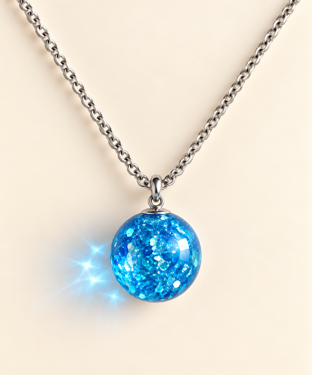 Collier boule bleu azur argenté en résine fait main en Alsace