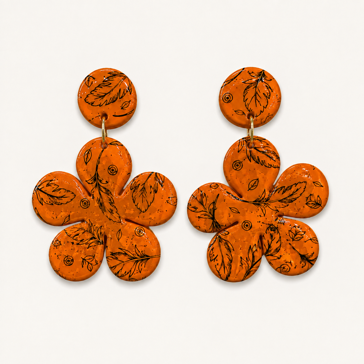 Boucles d'oreilles fleurs 5 pétales : Orange / Plumes