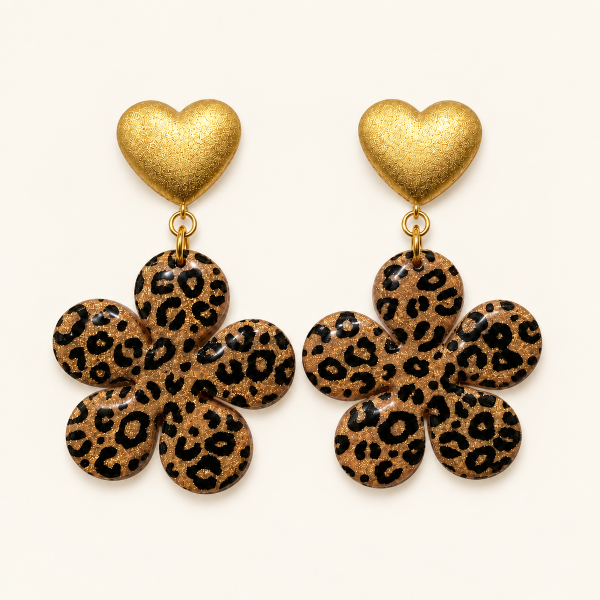 Boucles d'oreilles fleurs 5 pétales : Rose paillettes / Léopard