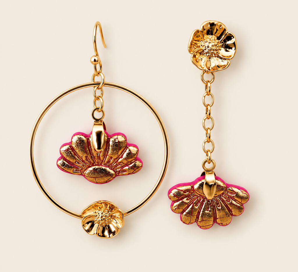 Boucles d'oreilles fleurs dorées et rose