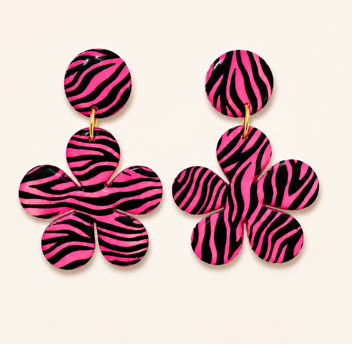 Boucles d'oreilles fleurs 5 pétales : Rose fluo / Rayures zèbre
