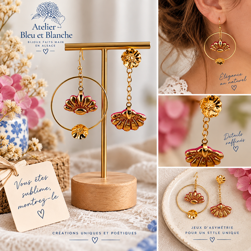Boucles d'oreilles fleurs dorées et rose